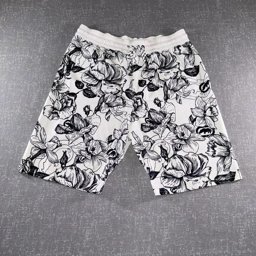 Ecko Unltd Shorts Mens Medium White Black Floral‎ Swim Trunks Quick Dry Beach